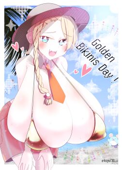 1girl beach bikini blue_eyes blush border braid braided_sidelock breasts bursting_breasts cloud day english_text female_focus gen_2_pokemon gigantic_breasts gold_bikini gold_bra half-closed_eyes happy hat heart huge_breasts juliana_(pokemon) juliana_(pokemon)_(cosplay) kuyu730 looking_at_viewer marill micro_bikini necktie nintendo ocean orange_shorts original pale_skin pokemon pokemon_sv sand shiny_skin short_hair shorts sky smile solo sparkle standing sweat swimsuit white_border white_hat