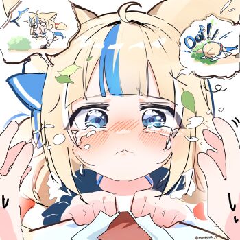 1girl absurdres ahoge animal_ear_fluff animal_ears blonde_hair blue_eyes blue_streaks cat_ears commentary dress fins fish_girl fish_tail highres indie_virtual_youtuber leaf lifebuoy_hair_ornament long_hair looking_at_viewer low_twintails minhong_7 multicolored_hair sameko_saba streaked_hair symbol-only_commentary tail tears tripping twintails very_long_hair virtual_youtuber white_dress