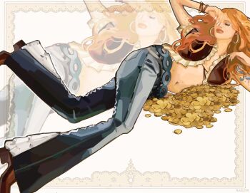 1girl arm_tattoo artist_name body_freckles bracelet brown_shoes closed_eyes closed_mouth coin commentary denim earrings freckles high_heels highres hoop_earrings jeans jewelry long_hair money multiple_views nami_(one_piece) navel one_piece pants rabu99 shoes tattoo white_nails
