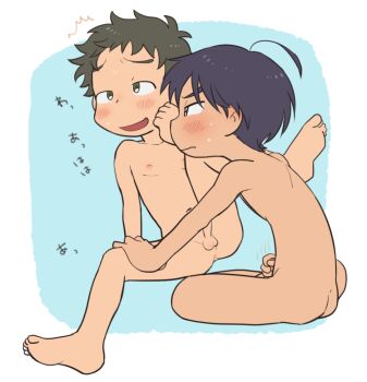 2boys ahoge blue_background blush border completely_nude full_body kodomo_doushi male_focus male_masturbation masturbation multiple_boys nipples nude original penis short_hair shota sitting taremayuzou testicles white_border yaoi