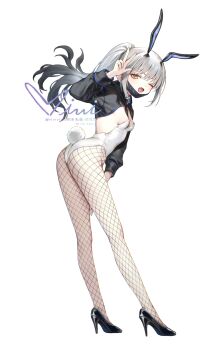 Rule 34 | 1girl, alternate costume, animal ears, ass, black shrug, breasts, commentary request, fake animal ears, fake tail, fate/grand order, fate (series), fishnet pantyhose, fishnets, forked eyebrows, full body, high ponytail, highres, leotard, long hair, long sleeves, looking at viewer, mask, melusine (fate), melusine (swimsuit ruler) (fate), melusine (swimsuit ruler) (first ascension) (fate), mouth mask, one eye closed, open mouth, pantyhose, playboy bunny, ponytail, rabbit ears, rabbit tail, revision, shrug (clothing), sidelocks, siiqa vivi, small breasts, solo, tail, white hair, white leotard, yellow eyes