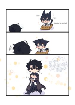 2boys ahoge animal_ears black_coat black_eyes black_hair black_shirt box carrying carrying_person cat_ears cat_tail chibi chibi_only coat collared_shirt commentary crying crying_with_eyes_open curtained_hair english_text hair_between_eyes highres kemonomimi_mode kim_dokja kimidori_22 male_focus mini_person miniboy multiple_boys omniscient_reader&#039;s_viewpoint open_clothes open_coat popped_collar shirt short_hair sparkling_eyes symbol-only_commentary tail tears walking white_coat yoo_joonghyuk