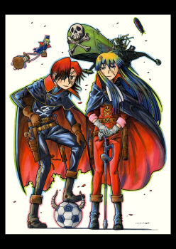 1990s_(style) 4girls aizawa_chizuru arcadia ball bat_wings belt blue_hair boots brown_hair cape character_request cosplay green_hair gun harlock harlock_(cosplay) harlock_saga highres holster ikamusume jitsu_wa_watashi_wa koumoto_akane koumoto_akari long_hair multiple_girls nagato_mikasa retro_artstyle scar scar_on_face shinryaku!_ikamusume shiragami_youko short_hair skull soccer_ball spacecraft telstar tentacle_hair weapon wings