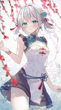 Rule 34 | arm at side, armor, bare shoulders, bikini armor, black skirt, blue eyes, blush, bracelet, breasts, china dress, chinese clothes, commentary request, commission, contrapposto, cowboy shot, dress, earrings, flower, gold bracelet, gold trim, grey hair, hair ornament, hairpods, highres, indie virtual youtuber, jewelry, lolita fashion, mandarin collar, medium hair, multi-source commentary, nagino mashiro, official alternate costume, parted lips, qi lolita, samo cha, see-through clothes, see-through silhouette, see-through skirt, sidelocks, skeb commission, skirt, skirt under dress, sleeveless, sleeveless dress, small breasts, tassel, tassel earrings, tassel hair ornament, twintails, virtual youtuber, white dress