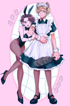 1boy 1girl 7skk :&lt; ;d alternate_costume animal_ear_fluff animal_ears apron arm_at_side arm_hug asymmetrical_bangs black_bow black_bowtie black_dress black_leotard black_shoes blonde_hair blue_eyes blush border bow bowtie breasts brown_hair cleavage cocked_eyebrow collarbone commentary_request contrast_collar crossdressing crossdressing_(mtf) curtained_hair detached_collar dress duster earrings eyelashes fake_animal_ears fake_tail fingernails frilled_apron frills full_body furrowed_brow grid_background grin hair_between_eyes hetero high_heels highleg highleg_leotard holding holding_duster hyena_boy hyena_ears inset_border jewelry leaning_forward leotard maid maid_apron maid_headdress male_maid mary_janes medium_breasts medium_dress motion_lines oc_x_canon one_eye_closed open_mouth original pantyhose parted_hair pink_background playboy_bunny puffy_short_sleeves puffy_sleeves rabbit_ears rabbit_tail raised_inner_eyebrows round_border ruggie_bucchi shoes short_hair short_sleeves smile standing standing_on_one_leg strapless strapless_leotard stud_earrings tail tareme twisted_wonderland wavy_hair white_apron white_background white_wrist_cuffs wrist_cuffs