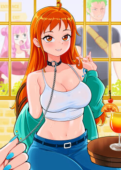 1boy 3girls ahoge alcohol artist_name belt blue_pants blush breasts chain chair cherry collar elpipe_3000 english_text fanny_pack food fruit green_hair green_jacket grey_shirt jacket jacket_partially_removed large_breasts looking_at_viewer midriff multiple_girls nami_(one_piece) one_piece orange_(fruit) orange_eyes orange_hair pants perona pink_hair red_shirt roronoa_zoro scar scar_on_face shirt shouting sitting smile sweatdrop tank_top tattoo tattoo_on_shoulder white_shirt window