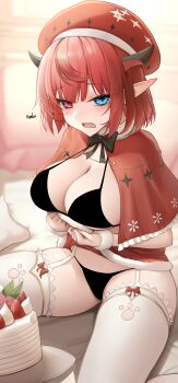 1girl absurdres blue_eyes blush breasts cake capelet censored cleavage commentary english_commentary english_text food heterochromia highres hololive hololive_english horns irys_(hololive) large_breasts long_hair looking_at_viewer multicolored_hair open_mouth paid_reward_available pointy_ears purple_eyes red_capelet red_hair solo somebody_(leiking00) streaked_hair thighhighs underwear virtual_youtuber