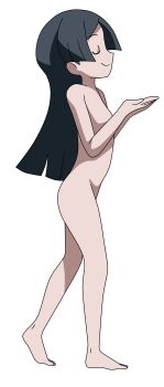 1girl absurdres arcroyale armpits artist_request ass barbara_parker barefoot black_hair breasts casual_nudity closed_eyes closed_mouth collarbone completely_nude feet female_focus fingernails from_side full_body green_eyes hands_together happy highres huge_filesize legs little_witch_academia long_hair long_image navel neck nude parted_bangs profile small_breasts smile smug soles standing straight_hair tall_image tiptoes toenails toes transparent_background trigger_(company) walking
