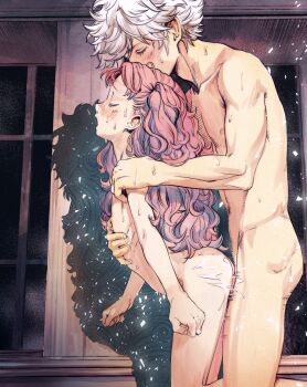 1boy 1girl age_difference blush butterchalk closed_eyes completely_nude cum flat_chest from_side hetero highres indoors kneeling loli long_hair nipples nude pink_hair qifrey_(tongari_boushi_no_atelier) sex sex_from_behind short_hair standing standing_sex sweat tetia_(tongari_boushi_no_atelier) tongari_boushi_no_atelier wavy_hair white_hair window
