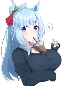 1girl ? animal_ears between_breasts blue_hair blue_sweater blush braid breasts bubble_tea bubble_tea_challenge collared_shirt crown_braid cup disposable_cup drink drinking_straw drinking_straw_in_mouth ear_ornament highres horse_ears horse_girl large_breasts long_hair long_sleeves looking_at_viewer mejiro_ardan_(umamusume) miya_(m9kl) object_on_breast purple_eyes shirt simple_background solo sweater umamusume upper_body white_background white_shirt