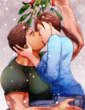 Rule 34 | 1boy, 1girl, artist name, beard stubble, blue sweater, brown hair, chris redfield, closed eyes, denim, facial hair, green shirt, holding, holding mistletoe, jeans, jill valentine, kiss, long hair, low ponytail, mistletoe, nagare, pants, ponytail, resident evil, shirt, snowing, stubble, sweater