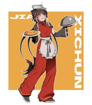 1girl apron balancing black_hair border character_name double_bun egg_(food) food full_body hair_bun highres holding holding_plate jia_xichun_(project_moon) limbus_company long_hair misg1111 multicolored_hair omelet omurice outline outside_border pants plate plate_on_head project_moon red_eyes red_pants solo standing streaked_hair sweatdrop tassel two-tone_hair very_long_hair white_apron white_border white_hair white_outline
