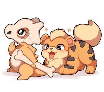 animal_focus blush bone commentary cubone english_commentary fangs gen_1_pokemon growlithe highres holding holding_bone nintendo no_humans open_mouth orange_fur pokemon pokemon_(creature) pokemon_focus sevi_(seviyummy) sitting skull_on_head smile tail tongue tongue_out white_background