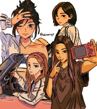 4girls aespa bracelet brown_hair camera car giselle_(aespa) hair_behind_ear hair_bun heart_pendant highres holding holding_camera jewelry k-pop karina_(aespa) long_hair looking_at_viewer motor_vehicle multiple_girls naluisartsy ningning_(aespa) one_eye_closed pink_streaks real_life ring short_hair simple_background sitting smile twitter_username white_background winter_(aespa)