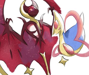 alternate_color bat_(animal) bright_pupils claws colored_sclera commentary cresselia english_commentary fangs floating full_body gen_4_pokemon gen_7_pokemon highres legendary_pokemon looking_at_viewer lunala nintendo no_humans pink_eyes pokemon pokemon_(creature) pokemon_focus red_sclera red_wings ryulveon shiny_pokemon simple_background skin_fangs white_background white_eyes white_pupils wings