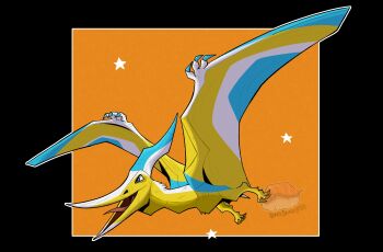 absurdres artist_logo black_background commentary english_commentary flying fossil_fighters from_side full_body highres logo no_humans open_mouth orange_background outline ptera_(fossil_fighters) pterosaur snek_snack solo star_(symbol) vivosaur white_outline wings