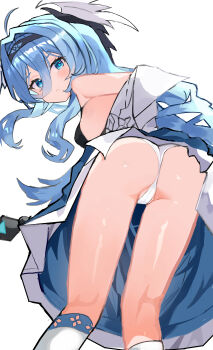 1girl absurdres blue_eyes blue_hair duet_night_abyss fina_(duet_night_abyss) hair_between_eyes head_wings highres kuesu long_hair looking_at_viewer panties simple_background solo underwear white_background white_panties wings