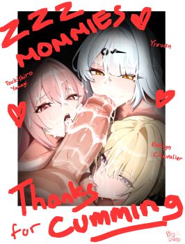 1boy 3girls absurdres after_ejaculation artist_name big_ddos blonde_hair collarbone commentary cooperative_fellatio crossed_bangs cum cum_in_mouth cum_on_body cum_on_hair cum_on_penis cum_on_tongue english_commentary english_text evelyn_chevalier eyes_visible_through_hair facial fellatio fffm_foursome group_sex hair_ornament hair_over_one_eye hairclip heart hetero highres large_penis licking licking_penis long_hair mole mole_under_eye multiple_girls nude oral paid_reward_available parted_bangs penis pink_eyes pink_hair polaroid_photo pov pov_crotch purple_eyes single_hair_intake teamwork_(sexual) testicle_sucking testicles tongue tongue_out tsukishiro_yanagi uncensored white_hair yellow_eyes yixuan_(zenless_zone_zero) zenless_zone_zero