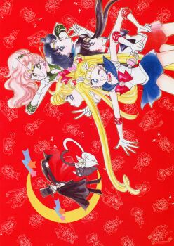 1990s_(style) 1boy 5girls :d :p ;) ;d absurdres aino_minako animal artbook artemis_(sailor_moon) bishoujo_senshi_sailor_moon black_cat black_hair black_hat blonde_hair blue_eyes blue_hair blue_sailor_collar blue_skirt bow bowtie cape cat chiba_mamoru chibi choker crescent crescent_choker crescent_facial_mark domino_mask double_bun earrings exif_rotation eye_mask facial_mark flower_earrings gloves green_choker green_eyes green_sailor_collar hair_bow hair_bun hat highres hino_rei incredibly_absurdres inner_senshi jewelry kino_makoto lips luna_(sailor_moon) magical_girl mask mizuno_ami multiple_girls official_alternate_hair_color one_eye_closed open_mouth pink_hair pink_lips ponytail purple_eyes red_background red_bow red_choker red_sailor_collar red_skirt retro_artstyle sailor_collar sailor_jupiter sailor_mars sailor_mercury sailor_moon sailor_senshi sailor_senshi_uniform sailor_venus scan short_hair skirt smile takeuchi_naoko tongue tongue_out tsukino_usagi tuxedo_kamen twintails v white_bow white_bowtie white_gloves