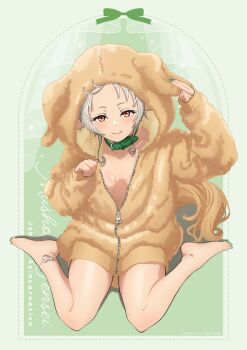 1girl animal_collar animal_ear_hood animal_ears anklet barefoot breasts character_name closed_mouth collar collarbone copyright_name copyright_notice dog_ears elf fake_animal_ears feet full_body green_background green_nails hand_up highres hood hood_up hooded_pajamas jewelry kojima_hirokazu long_sleeves looking_at_viewer medium_hair merchandise_available mushoku_tensei nail_polish no_bra official_art orange_eyes outside_border pajamas partially_unzipped pointy_ears second-party_source sitting small_breasts solo sylphiette_(mushoku_tensei) toenail_polish toenails wariza white_hair yellow_pajamas