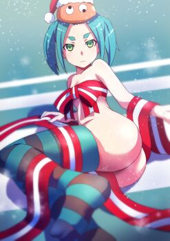1girl ass blue_hair closed_mouth fur-trimmed_headwear fur_trim gesugesu_ahoaho googly_eyes green_eyes hat hat_over_hat loli looking_at_viewer monogatari_(series) naked_ribbon no_shoes ononoki_yotsugi orange_hat pom_pom_(clothes) red_hat ribbon santa_hat short_hair snowing solo striped_clothes striped_thighhighs thighhighs