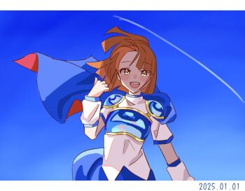 1girl arle_nadja arm_warmers armor armored_dress blush breastplate brown_eyes brown_hair cape contrail dated dress looking_at_viewer madou_monogatari minagi_379 open_mouth ponytail puyopuyo shoulder_armor sidelocks solo two-tone_cape
