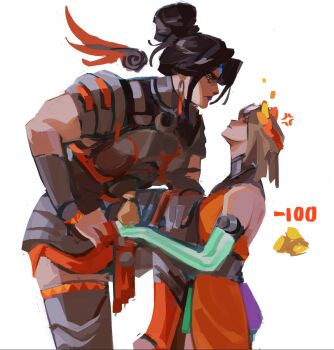 2girls ancient_greek_clothes armor asymmetrical_arms bone dress glowing_arm greco-roman_clothes green_lips hades_(series) hades_2 highres laurel_crown melinoe_(hades) mismatched_sclera multiple_girls muscular muscular_female nemesis_(hades) orange_dress see-through_body skeletal_arm tatsumiboobs69