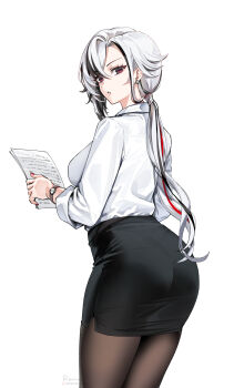 1girl alternate_costume arlecchino_(genshin_impact) ass black_eyes black_hair black_pantyhose black_skirt breasts commentary cross-shaped_pupils earrings english_commentary foxyreine from_behind genshin_impact hair_between_eyes highres holding holding_paper jewelry large_breasts long_hair looking_at_viewer looking_back low_ponytail multicolored_hair office_lady pantyhose paper parted_lips ponytail red_pupils shirt shirt_tucked_in simple_background skirt solo streaked_hair symbol-shaped_pupils textless_version two-tone_hair watch white_background white_hair white_shirt wristwatch