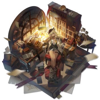 1girl animal_ears antique_phone arknights blonde_hair book bookshelf crossed_ankles dagda_(arknights) full_body highres indoors indra_(arknights) leopard_ears leopard_girl leopard_tail looking_at_viewer morgan_(arknights) morgan_(behind_the_words)_(arknights) official_alternate_costume official_art open_book ship_in_a_bottle siege_(arknights) simple_background sitting solo studio_montagne tail tan third-party_source transparent_background typewriter window