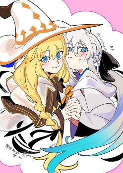 2girls aesc_(fate) aesc_(rain_witch)_(fate) blonde_hair blue_eyes blush borrowed_accessory braid commentary_request fate/grand_order fate_(series) glasses grey_hair hat highres holding_hands kuriimu0203 long_hair morgan_le_fay_(fate) multiple_girls ponytail robe twitter_username white_robe witch_hat