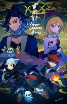 2boys 2girls absurdres adaman_(pokemon) akari_(pokemon) arceus black_hair black_pants black_shirt blonde_hair blue_coat blue_eyes blue_hair bracelet brown_eyes clenched_hand closed_mouth coat commentary cyndaquil earrings eyebrow_cut eyelashes galaxy_expedition_team_survey_corps_uniform gen_2_pokemon gen_4_pokemon gen_5_pokemon gen_7_pokemon hair_between_eyes hairband hat headscarf highres hisuian_poke_ball holding holding_poke_ball irida_(pokemon) jacket jewelry legendary_pokemon long_hair long_sleeves medium_hair multiple_boys multiple_girls mythical_pokemon nintendo oshawott pants parted_lips poke_ball pokemon pokemon_(creature) pokemon_legends:_arceus red_hairband red_hat red_scarf red_shirt rei_(pokemon) rowlet sash sawarabi_(sawarabi725) scarf shirt short_hair shorts sidelocks socks strapless strapless_shirt twitter_username white_headscarf white_socks