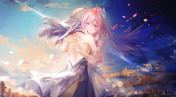 2girls absurdres alternate_costume backless_dress backless_outfit bare_shoulders closed_mouth cyrene_(honkai:_star_rail) cyrene_(ripples_of_past_reverie)_(honkai:_star_rail) dress fading falling_petals floating_hair grey_hair hair_ornament highres honkai:_star_rail honkai_(series) hug multiple_girls outdoors petals pink_hair purple_eyes sky smile stelle_(honkai:_star_rail) swkl:d trailblazer_(honkai:_star_rail)