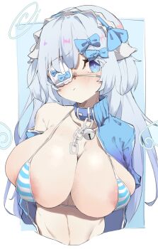 1girl anomea_(vrchat) areola_slip bell bikini blue_background blue_bikini blue_bow blue_collar blue_eyes blue_hair blue_jacket bow breasts chain collar collarbone commentary_request eyepatch grey_halo hair_bow halo highres huge_breasts jacket jingle_bell long_hair looking_at_viewer solo spy_(user_jxcc8553) striped_bikini striped_clothes swimsuit two-tone_background upper_body vrchat white_background