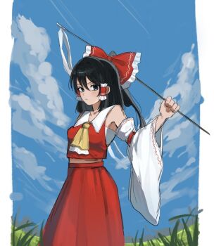 1girl ascot black_eyes black_hair blue_sky bow closed_mouth cloud commentary day detached_sleeves frilled_bow frilled_hair_tubes frills gohei hair_bow hair_tubes hakurei_reimu holding holding_gohei long_hair looking_at_viewer mati100311 outdoors red_bow red_skirt skirt skirt_set sky solo touhou yellow_ascot