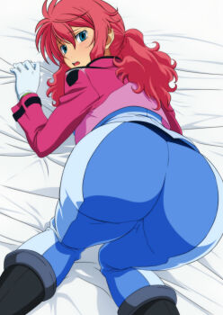 1girl all_fours artist_request ass ass_focus blue_eyes blush boots embarrassed feldt_grace from_behind gloves gundam gundam_00 huge_ass jacket long_hair looking_at_viewer looking_back open_mouth pants pink_hair solo top-down_bottom-up