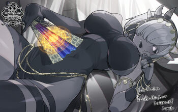 1girl bilingual_commentary black_dress black_sclera black_tongue breasts colored_sclera colored_skin commentary commission cowboy_shot dress english_commentary folding_fan grey_hair grey_skin hand_fan highres holding holding_fan horns jewelry large_breasts looking_at_viewer matsumoto_tomoyohi mixed-language_commentary original parted_bangs pelvic_curtain short_hair skeb_commission solo tight_clothes tight_dress tongue tongue_out white_eyes