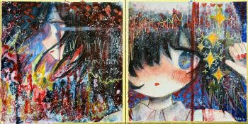 1girl absurdres black_hair blue_eyes blush floating_hair hair_over_one_eye highres kaikanaaaaa original pale_skin red_nails solo sparkle split_screen