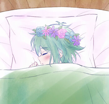 Rule 34 | 1boy, antenna hair, basil (headspace) (omori), basil (omori), blush, closed mouth, colored skin, commentary, flower, flower wreath, green hair, head on pillow, head wreath, highres, male focus, omori, pillow, segue5o, short hair, sidelocks, sleeping, solo, symbol-only commentary, under covers, upper body, white skin