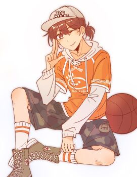 1boy alternate_eye_color baseball_cap blush bright_pupils brown_eyes brown_hair camouflage camouflage_shorts closed_mouth css021125 dark-skinned_male dark_skin double-parted_bangs green_shoes grey_hat hair_between_eyes hat highres hood hoodie kel_(birthday)_(omori) kel_(faraway)_(omori) kel_(omori) long_sleeves looking_at_viewer low_ponytail male_focus omori one_eye_closed orange_hoodie ponytail shoes short_hair short_ponytail shorts simple_background sitting smile sneakers socks solo white_background white_pupils white_socks