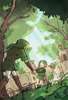 2girls 3boys belt belt_buckle blonde_hair blush brown_hair buckle dutch_angle fairy fence flower forest full_body grabbing_another&#039;s_arm grass green_hair hairband hat highres light_rays link mido_(zelda) multiple_boys multiple_girls nature nintendo noah_gwg open_mouth pointy_ears saria_(zelda) smile sweater the_legend_of_zelda the_legend_of_zelda:_ocarina_of_time tree tunic turtleneck turtleneck_sweater walking wooden_fence