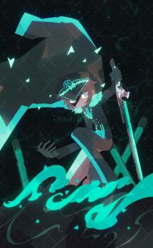 1girl armor belt black_belt black_coat black_jacket black_pants blind_obsession_(e.g.o) brown_hair coat coat_on_shoulders dark-skinned_female dark_skin e.g.o_(project_moon) fluorescent_lamp grey_eyes hand_up highres holding holding_sword holding_weapon jacket limbus_company looking_at_viewer outis_(project_moon) pants pauldrons project_moon shaded_face short_hair shoulder_armor solo sword waves weapon yesheng_zong_ren