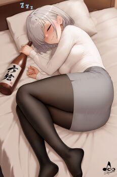 1girl alcohol ass bed black_pantyhose blush bottle breasts closed_eyes closed_mouth commentary_request grey_skirt highres holding holding_bottle infinote large_breasts long_sleeves lying miniskirt on_bed on_side original paid_reward_available pantyhose pillow sashou_mihiro_(infinote) shirt shirt_tucked_in short_hair skirt sleeping smile solo thighs white_shirt zzz