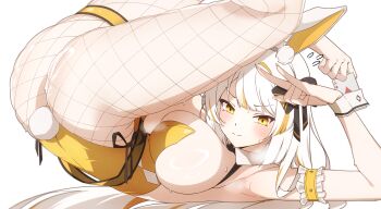 Rule 34 | 1girl, absurdres, ace (playing card), ace of diamonds, animal ears, ass, bare shoulders, black survival, blush, breasts, card, detached collar, diamond (shape), eternal return: black survival, fake animal ears, fishnet pantyhose, fishnets, highres, large breasts, leotard, looking at viewer, minami rio, minami rio (winning shot), multicolored hair, official alternate costume, pantyhose, playboy bunny, playing card, rabbit ears, rabbit tail, simple background, solo, strapless, strapless leotard, streaked hair, tail, user ngaf5324, white background, white hair, wrist cuffs, yellow leotard