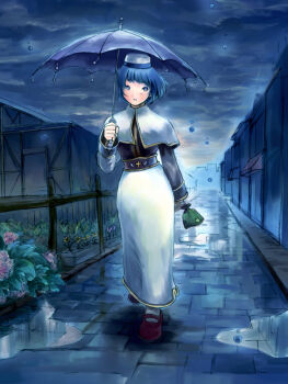 1girl acolyte_(ragnarok_online) bag blue_eyes blue_hair blue_theme blue_umbrella brown_shirt brown_shoes capelet commentary_request dated_commentary full_body handbag hat holding holding_bag long_skirt long_sleeves mary_janes outdoors overcast parted_lips path pillbox_hat puddle ragnarok_online rain road shirt shoes short_hair skirt sky smile solo umbrella walking white_capelet white_hat white_skirt zema