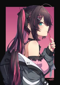 Rule 34 | 1girl, absurdres, aqua eyes, backpack, bag, black bag, black border, black hair, black jacket, black nails, border, cellphone, character request, closed mouth, hair ornament, hairclip, highres, holding, holding phone, indie virtual youtuber, jacket, jirai kei, long hair, multicolored hair, open clothes, open jacket, phone, pink background, pink hair, pink nails, pink shirt, ringosan, shirt, solo, twintails, virtual youtuber
