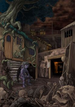 Rule 34 | 1boy, absurdres, arrow (symbol), black wings, brown horns, brown sky, closed mouth, colored skin, commentary request, corpse, curled horns, demon boy, demon horns, demon wings, full body, highres, horns, loincloth, outdoors, overgrown, pixiv fantasia, pixiv fantasia 1, plant roots, pointy ears, purple skin, red eyes, road sign, ruins, scenery, short hair, sign, sitting, sitting on stairs, skeleton, sky, smile, solo, stairs, tree, tunnel, window, wings, yukiman