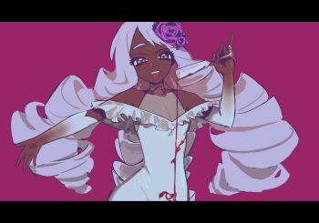 alcohol cup dark-skinned_female dark_skin dress drinking_glass flower frills gloves highres holding holding_cup imo24005 jacinthe_(pokemon) low_drills nintendo open_mouth outstretched_arm pokemon pokemon_legends:_z-a pouring pouring_onto_self purple_hair red_wine rose simple_background very_dark_skin white_dress wine wine_glass