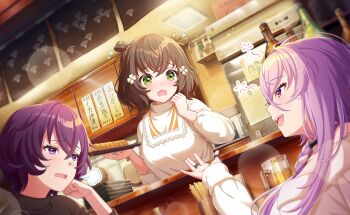 +_+ 3girls blush brown_hair cup drinking_glass game_cg green_eyes hair_ornament hairclip highres hiiragi_noa_(world_dai_star) indoors long_hair long_sleeves multiple_girls open_mouth purple_eyes purple_hair renjakuno_hatsumi shiromaru_mito short_hair sitting smile third-party_source world_dai_star