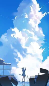 1girl absurdres arm_up arona_(blue_archive) blue_archive blue_hair blue_shirt blue_sky classroom cloud cloud_focus cloudy_sky commentary cumulonimbus_cloud from_behind halo highres holding holding_umbrella long_sleeves miniskirt reflection ruins sailor_collar scenery school_uniform shirt short_hair siopon12 skirt sky sky_focus solo standing umbrella umbrella_gun white_sailor_collar white_skirt wide_shot