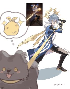 1boy animalization black_boots black_gloves black_pants blue_coat blurry blush_stickers boots coat commentary depth_of_field dog earrings feathered_wings game_screenshot_inset gloves grey_hair hair_between_eyes halo halo_behind_head head_wings highres holding holding_leash honkai:_star_rail honkai_(series) jewelry leash leash_pull long_sleeves looking_at_animal medium_hair multicolored_coat open_mouth pants reference_inset scarf simple_background sparkle speech_bubble standing stelle_(honkai:_star_rail) sunday_(honkai:_star_rail) sweat thought_bubble trailblazer_(honkai:_star_rail) trash_bag tuguhanata3 twitter_username two-tone_coat white_background white_coat white_wings wings yellow_eyes yellow_scarf